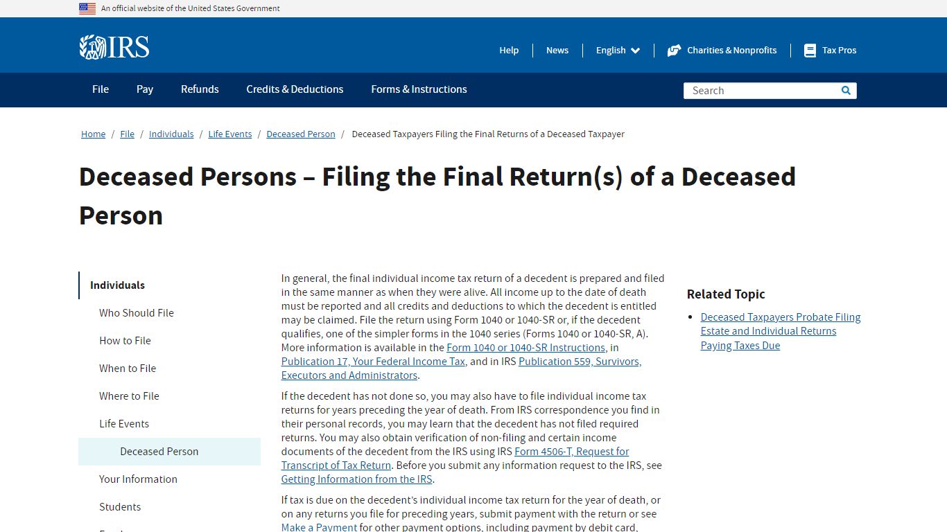 Deceased Taxpayers Filing the Final Returns of a Deceased Taxpayer ...
